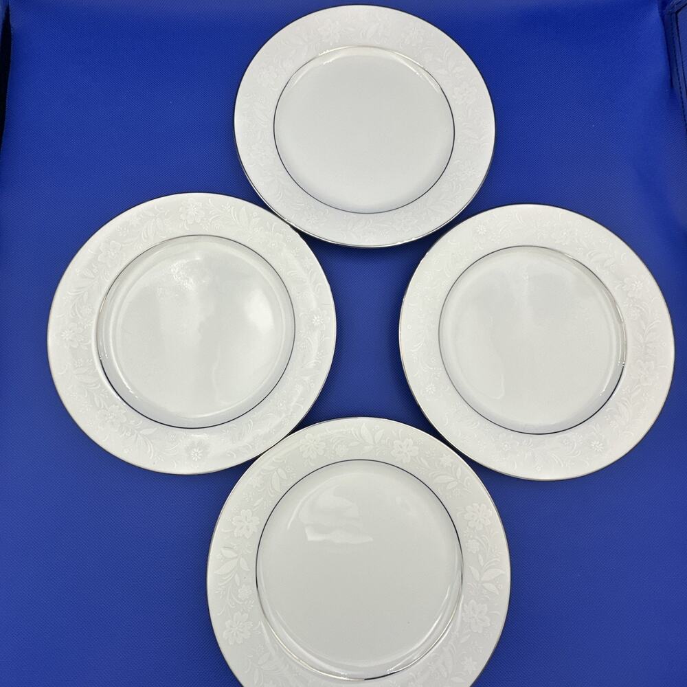 Noritake Ranier 6909 Salad Dessert Plates 8 1/4" White Floral Silver Rim Set (4)